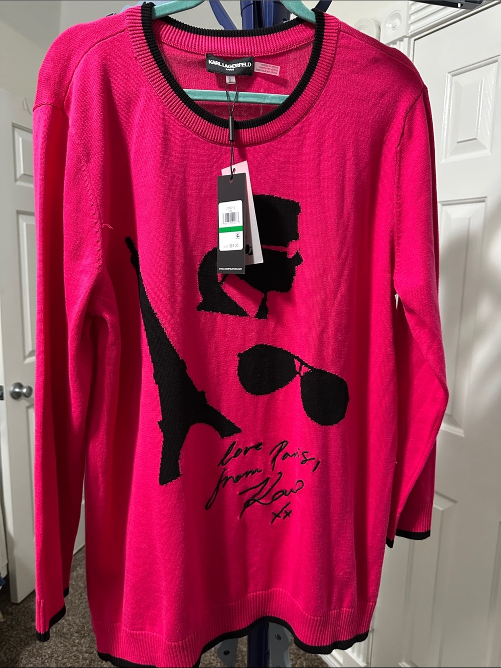 Karl Lagerfeld Hot Pink Sweater with Black Paris Graphic